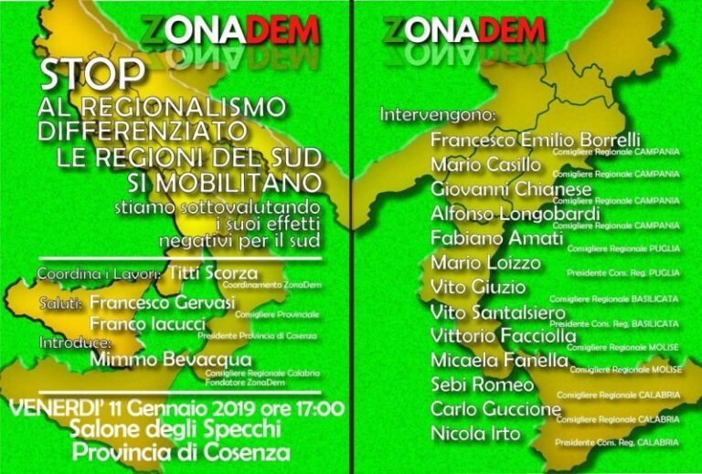 Da Cosenza parte la mobilitazione delle regioni del Sud con Zonadem
