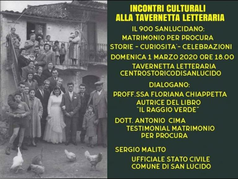 Domani a San Lucido, “Il 900 Sanlucidano: matrimonio per procura. Storie, curiosità, celebrazioni”