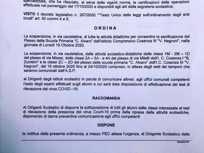 ordinanza chiusura scuole cosenza