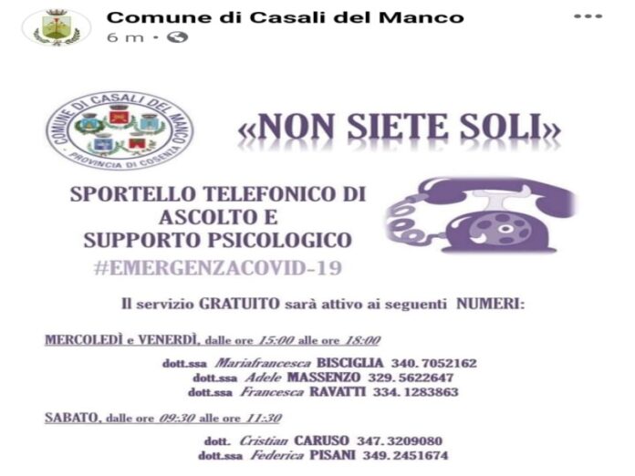 sportello psicologico ansia e paura covid casali del manco