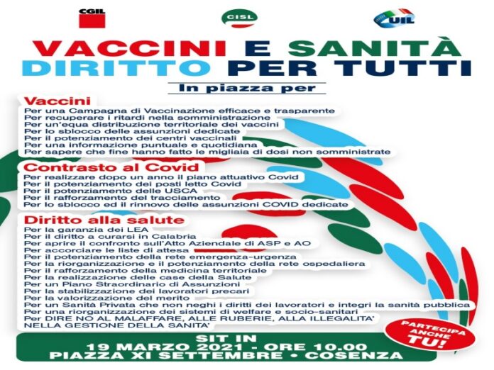 Cgil Cisl Uil Sit-in CS volantino Vaccini e Sanità