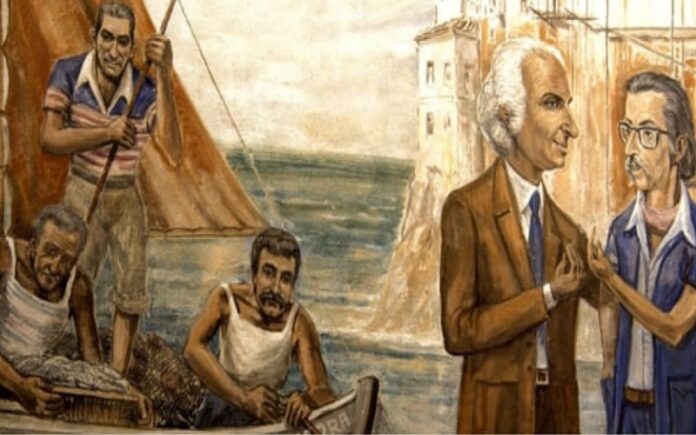 Giavini da Varese ritrae Nani Razetti ed il sindaco Evasio Pascale. 1981.