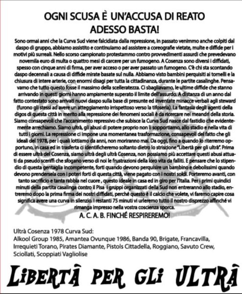 comunicato Curva Sud