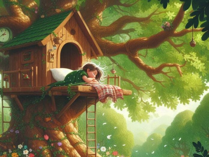 una bambina di spalle che dorme su una casa sullalbero