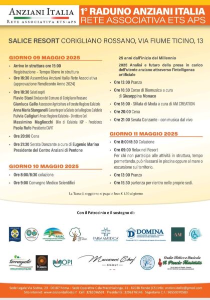 In Calabria il primo raduno nazionale degli anziani organizzato da Aira. Appuntamento a Corigliano-Rossano dal 9 all’11 maggio 