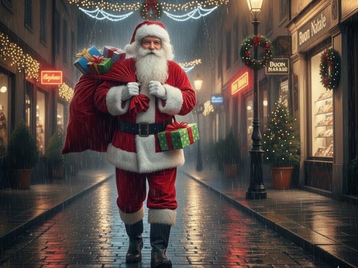 babbo natale sotto la pioggia