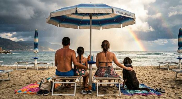 pioggia spiaggia ombrellone famiglia